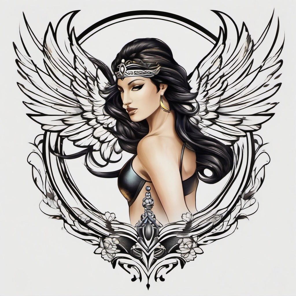 Nike Goddess Tattoo - Celebrate strength and victory with a tattoo featuring Nike, the winged goddess associated with success and triumph.  simple color tattoo, white background