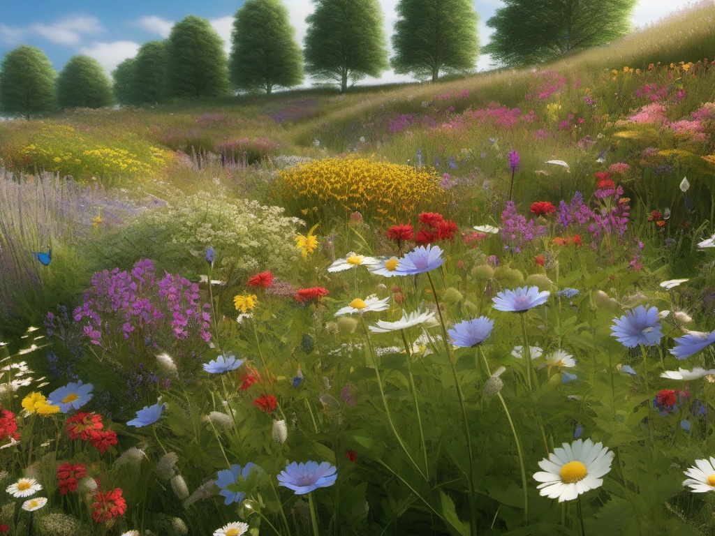 Wildflower Meadow - Design a garden with a natural wildflower meadow. multicoloured, photo realistic, hyper detail, high resolution