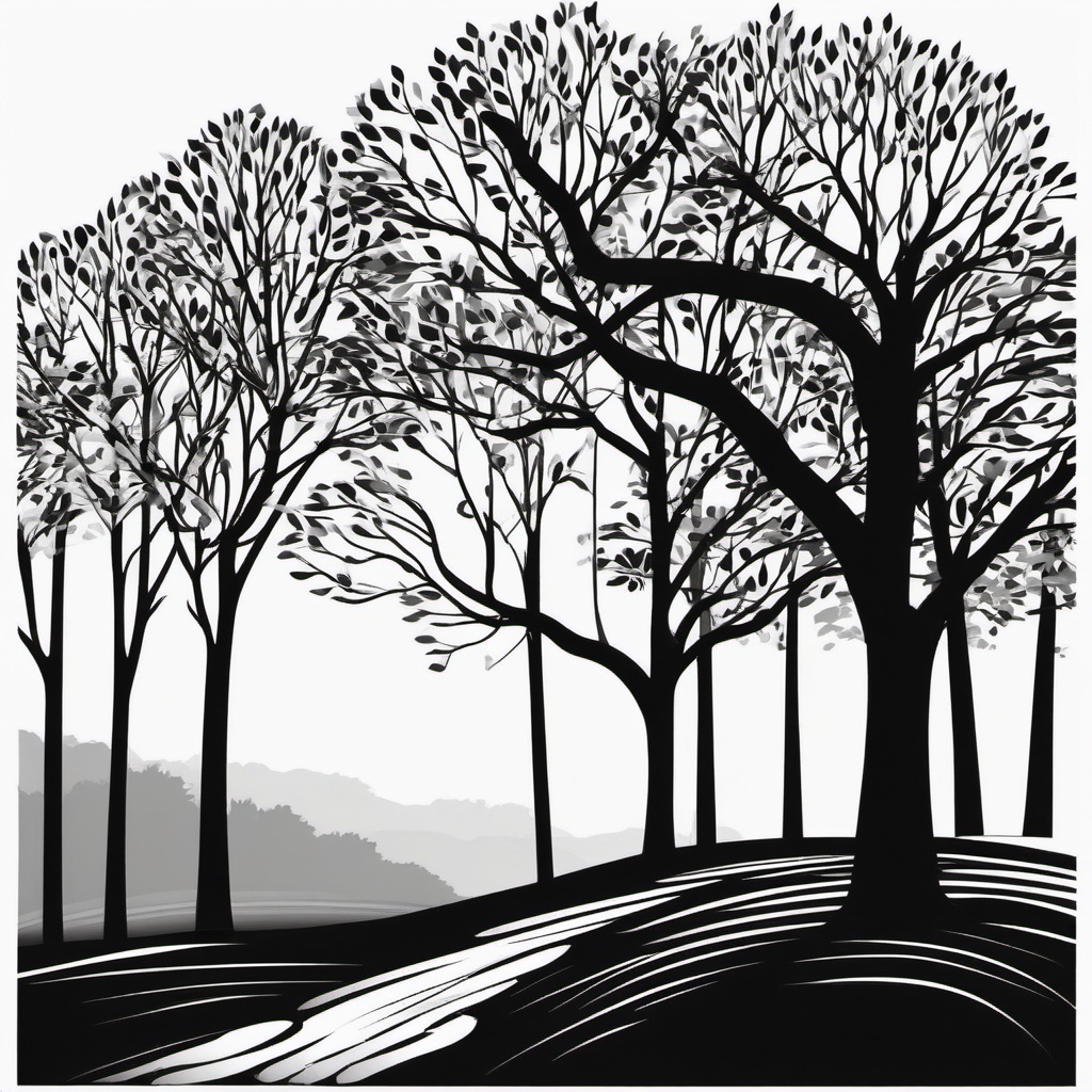 Tree Black White Clipart,Illustrating a serene forest scene with tree black white clipart  simple, 2d flat