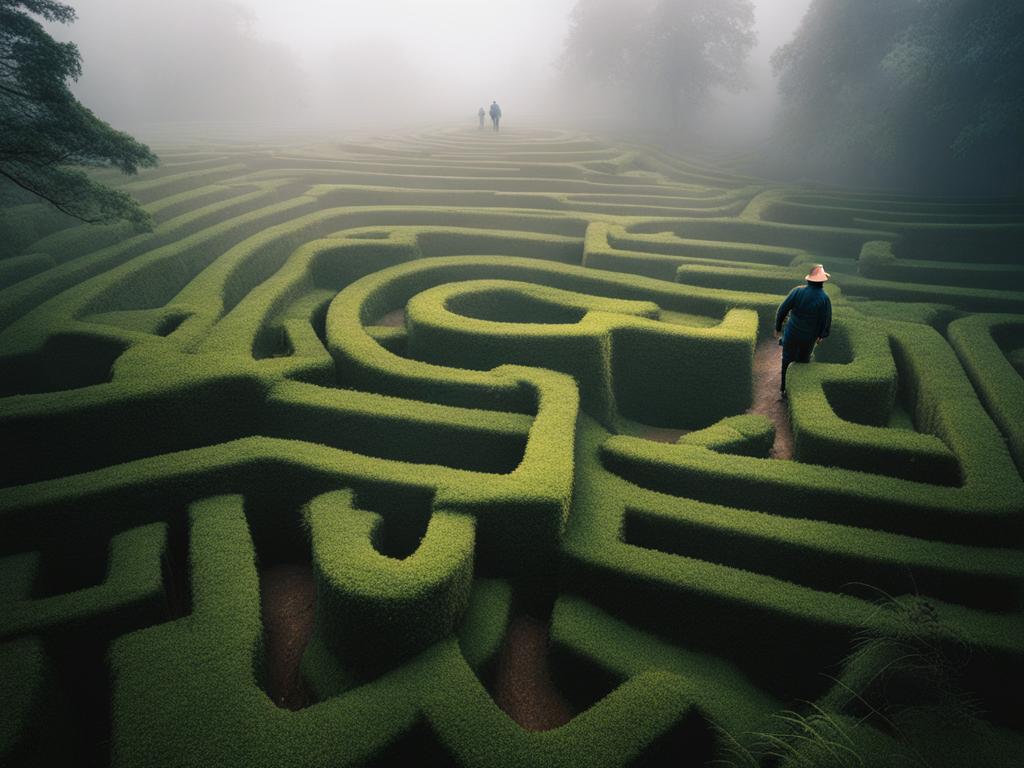 adventurous explorer navigating a dense, mist-covered labyrinth in search of a hidden treasure. 