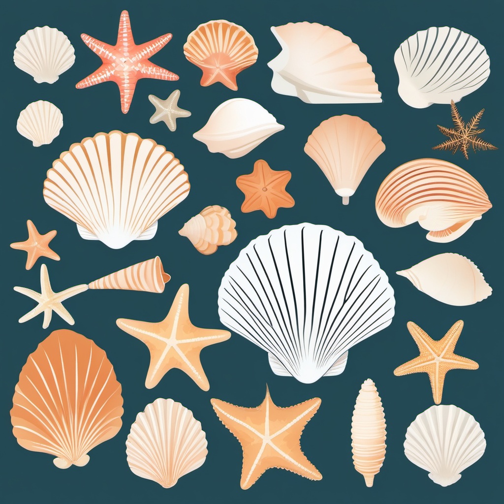 Seashell Clipart - A collection of delicate seashells found along a tranquil beach.  color clipart, minimalist, vector art, 