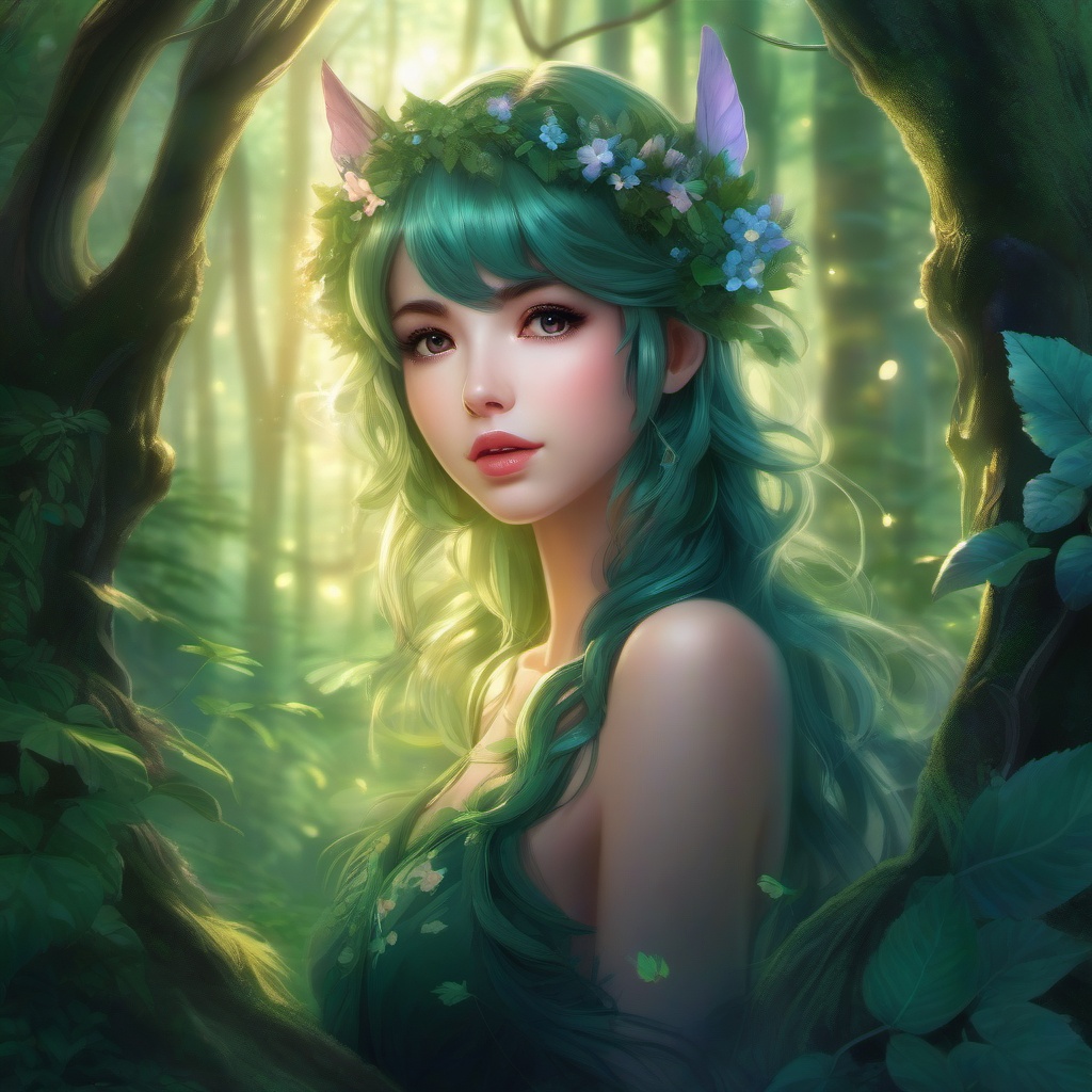 Enchanted forest nymph in a mystical forest.  front facing ,centered portrait shot, cute anime color style, pfp, full face visible