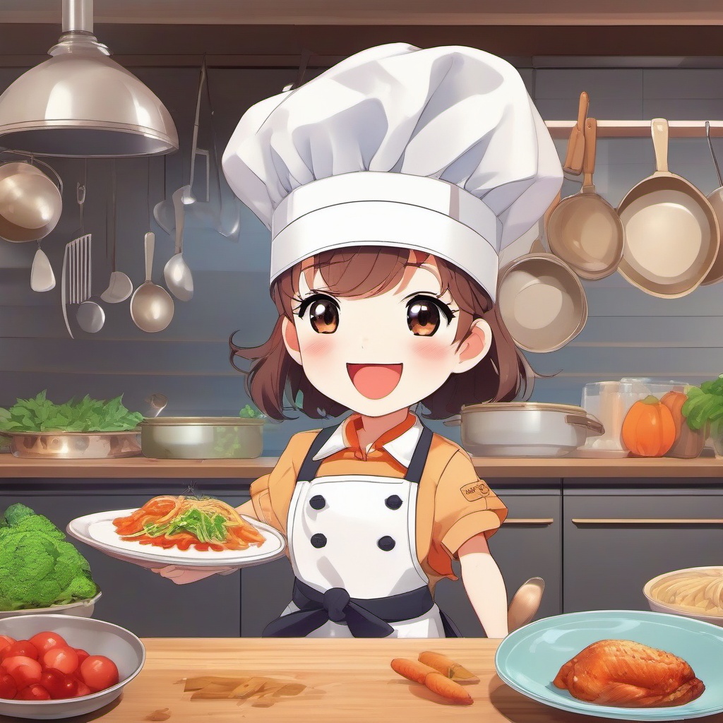 Adorable anime chef, wearing a chef's hat and apron, joyfully preparing a delectable feast in a bustling kitchen.  front facing ,centered portrait shot, cute anime color style, pfp, full face visible