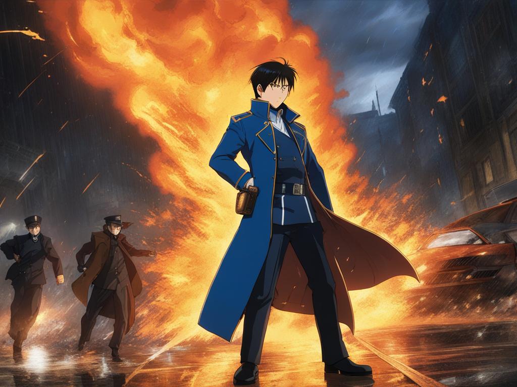 roy mustang creates fiery explosions in a rain-soaked urban battlefield. 