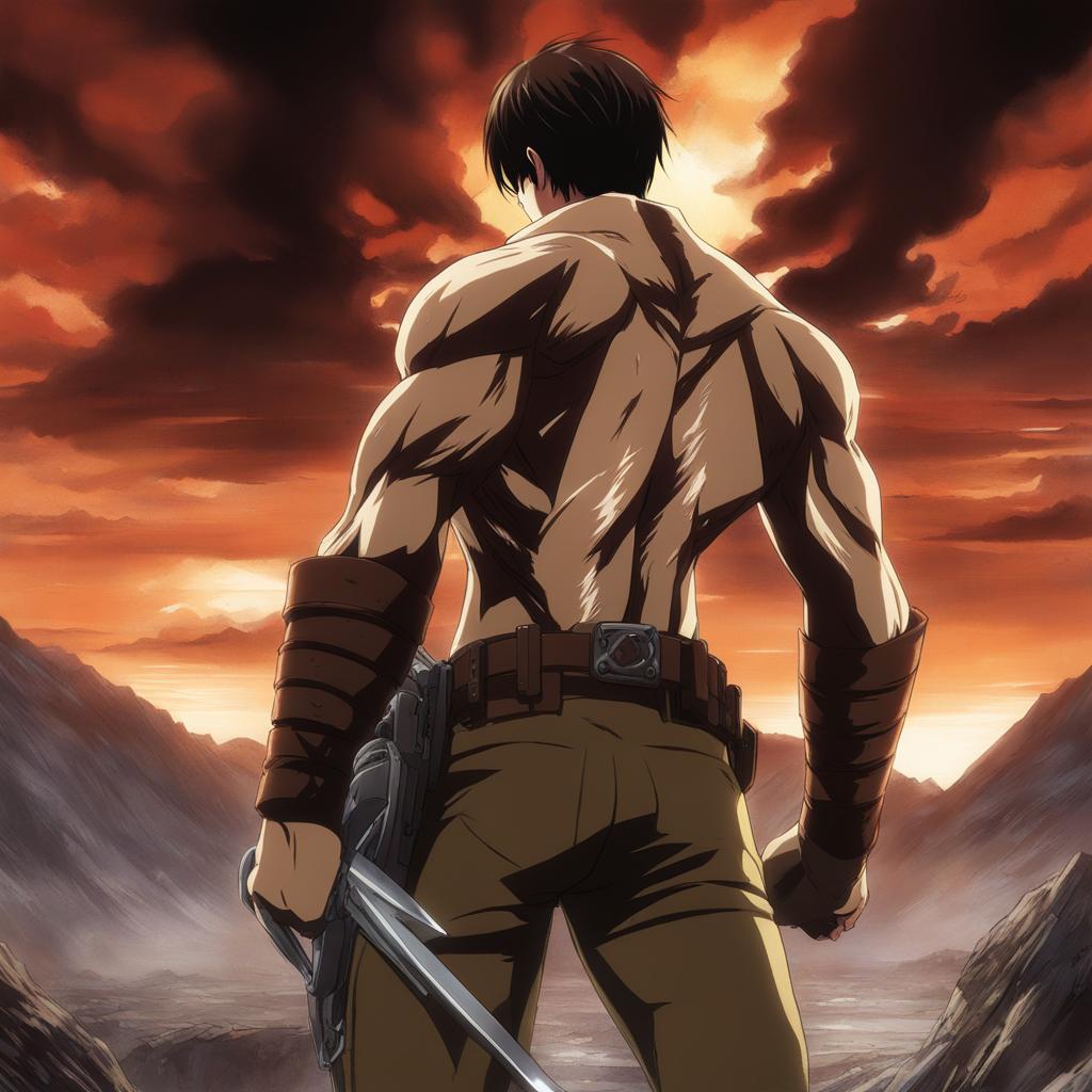 eren jaeger transforms into a titan, clashing with colossal adversaries in a desolate landscape. 