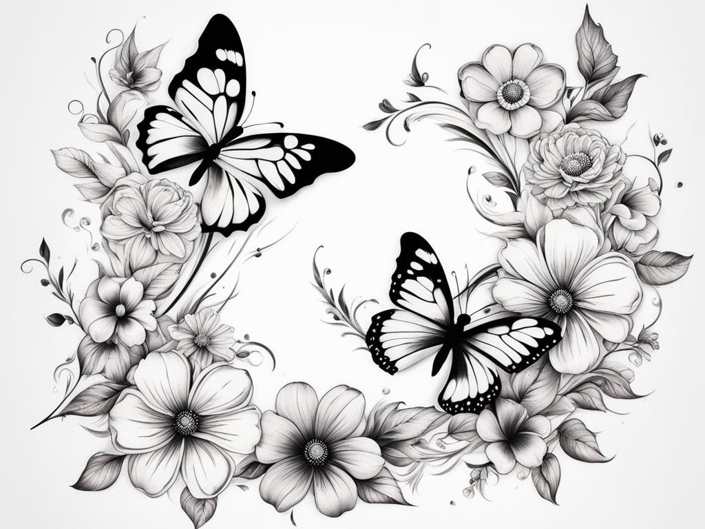 Butterfly flower tattoo, Creative tattoos featuring both butterflies and flowers. colors, tattoo patterns, clean white background