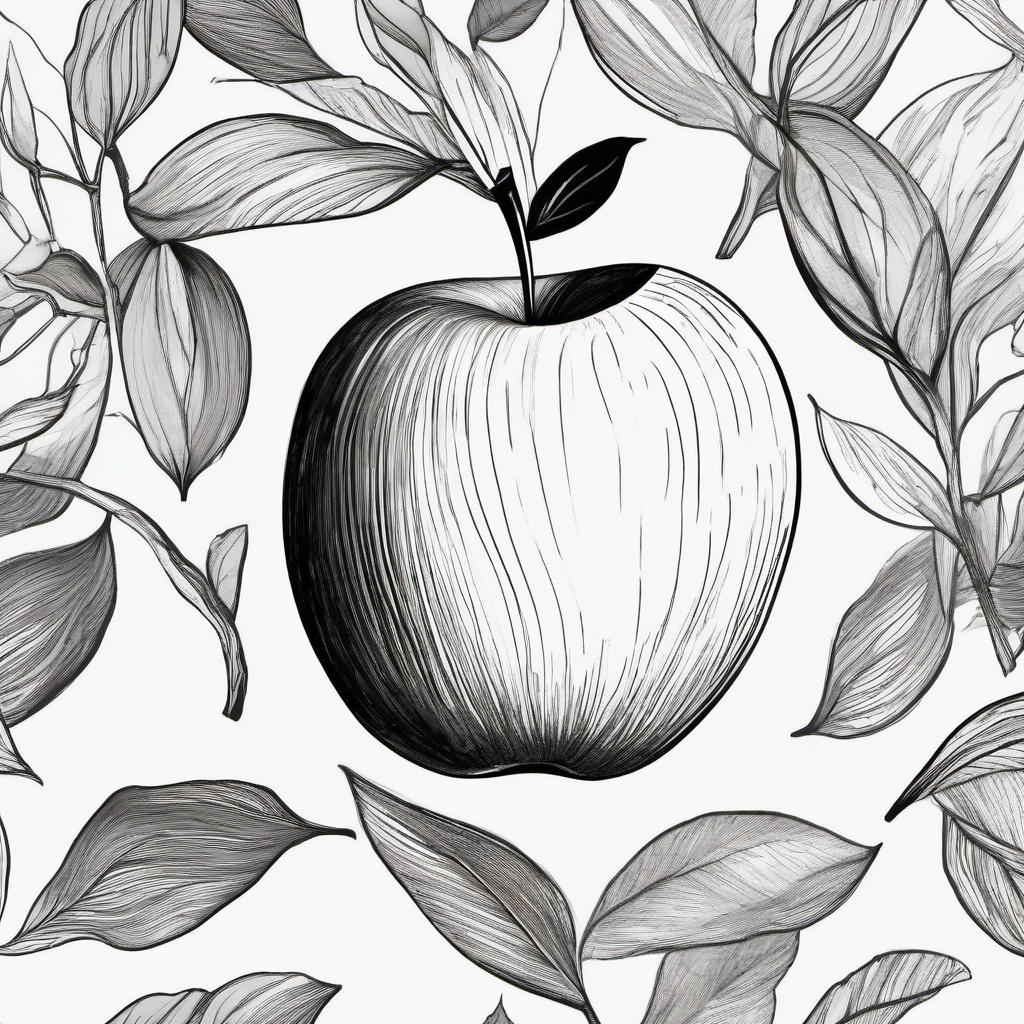 drawing of an apple with leaves  minimal rough sketch scribbles,doodles,black and white