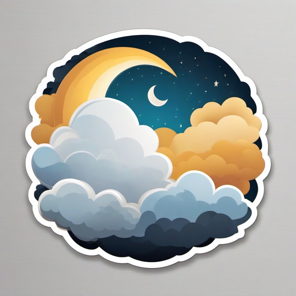 Moon and Clouds Sticker - Crescent moon surrounded by fluffy clouds, ,vector color sticker art,minimal