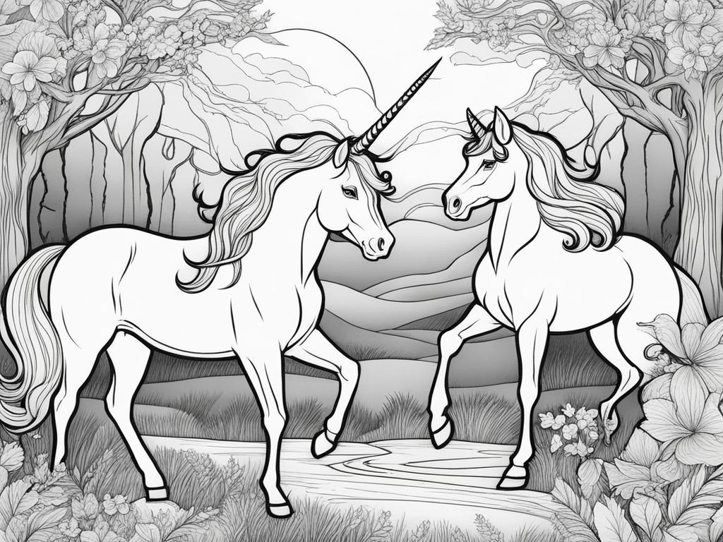 unicorn coloring pages - captivating unicorn mesmerizing a group of woodland creatures with a mesmerizing display of magic. 