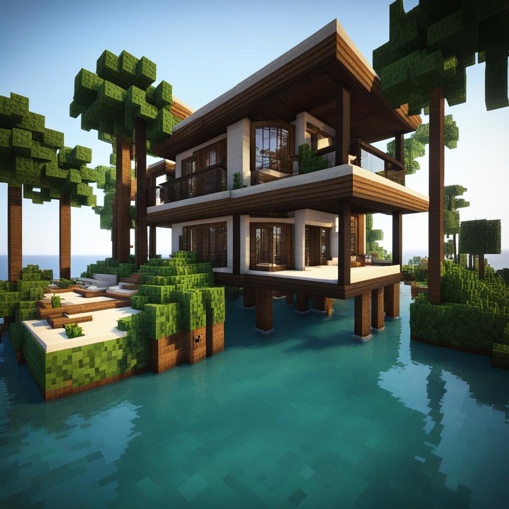 beachfront villa with a private dock and palm tree garden - minecraft house ideas minecraft block style