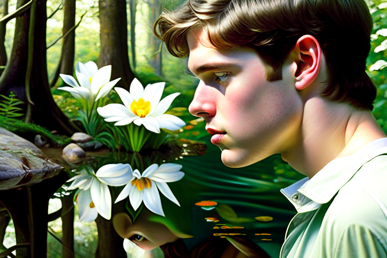 narcissus, the beautiful youth, gazing at his reflection in a shimmering woodland pool. 