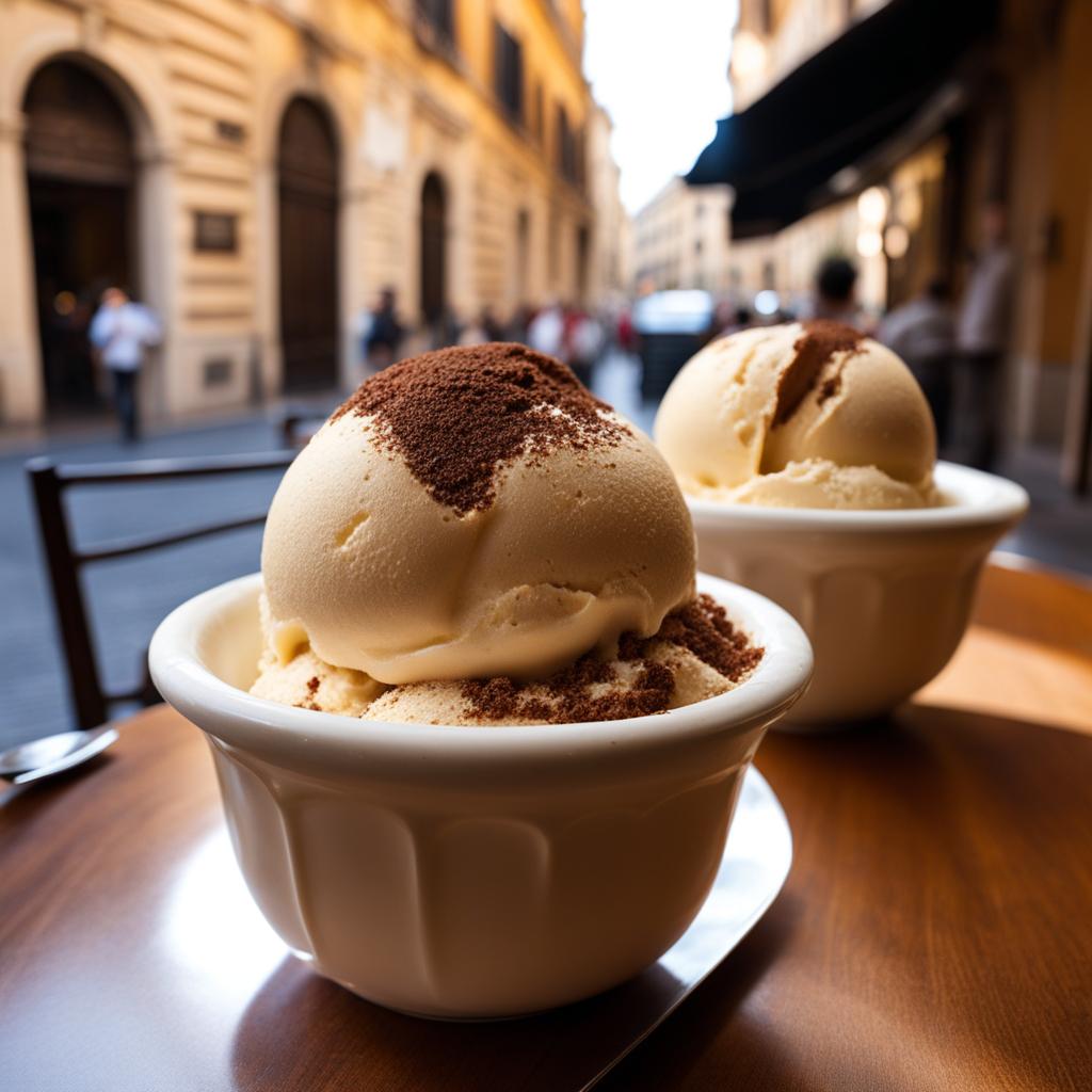 tiramisu ice cream savored in a bustling café in the heart of rome. 