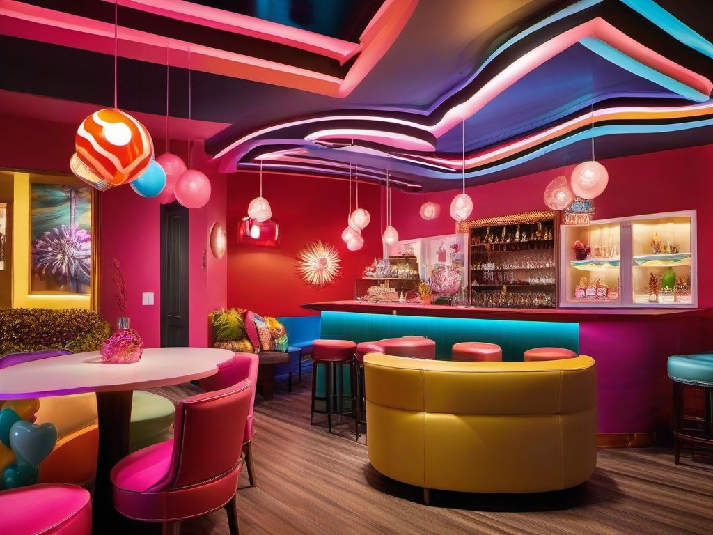 Candy Land bar room features vibrant furniture, playful lighting, and whimsical decor, creating a fun and inviting atmosphere for entertaining.  