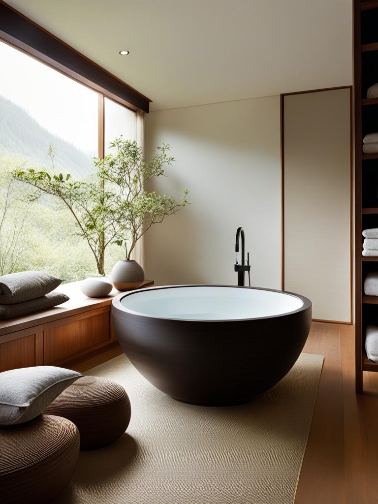 serene bathroom with a japanese soaking tub and zen-inspired decor. 