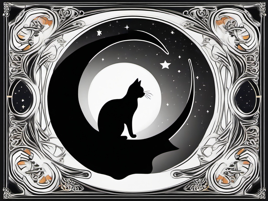 Black Cat on Moon Tattoo - Tattoo featuring a black cat positioned on a crescent moon.  minimal color tattoo, white background