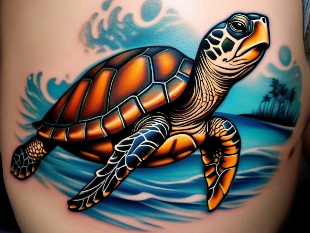 Beach Turtle Tattoo - Blend the serenity of the beach with the symbolism of a turtle in this tattoo that reflects the connection between land and sea.  