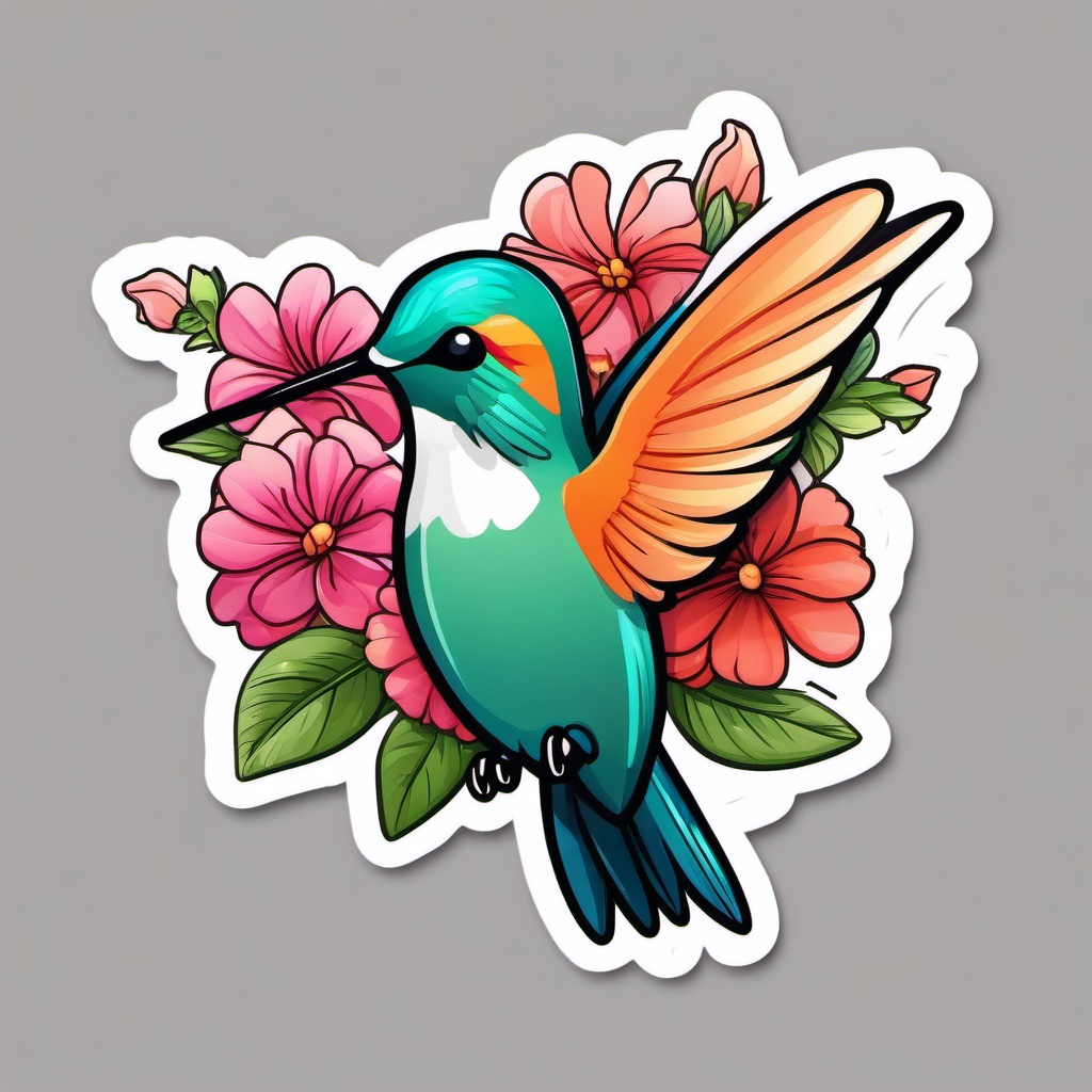 Hummingbird and Blooms Emoji Sticker - Tiny wings fluttering around vibrant flowers, , sticker vector art, minimalist design