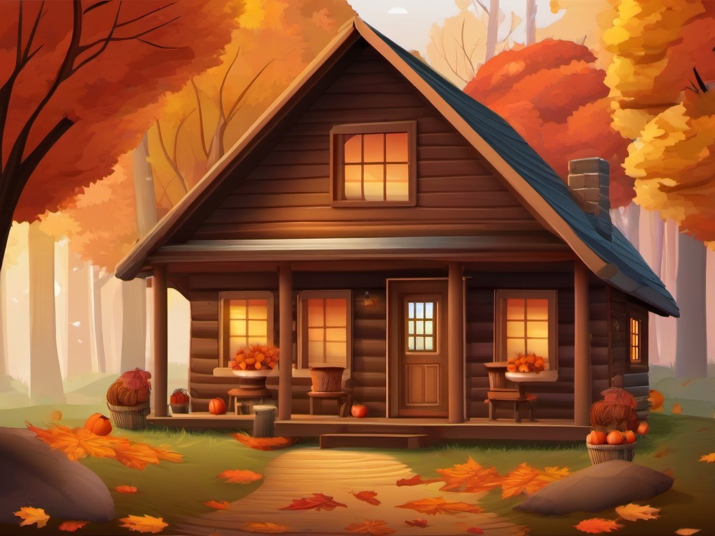 Autumn clipart - autumn scene with a cozy cabin  