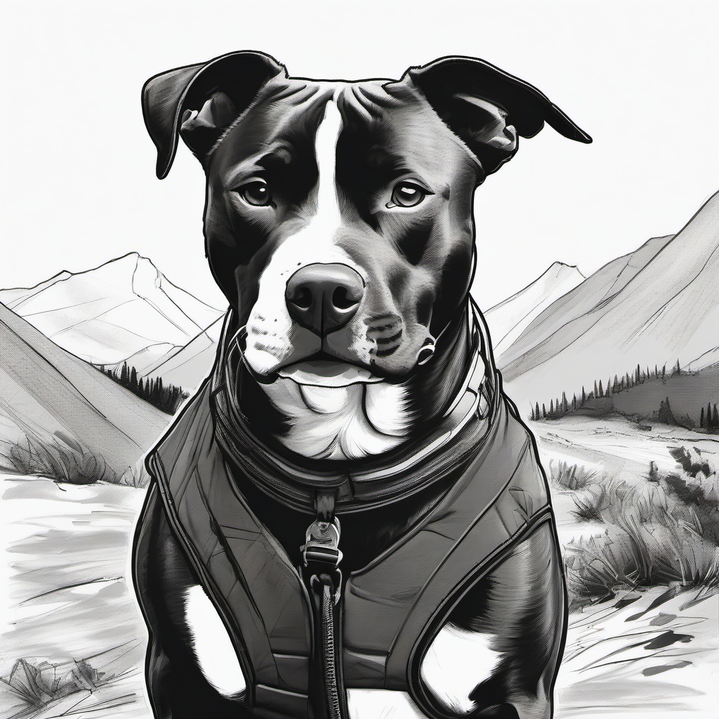 drawing of a pitbull on an outdoor adventure  minimal rough sketch scribbles,doodles,black and white