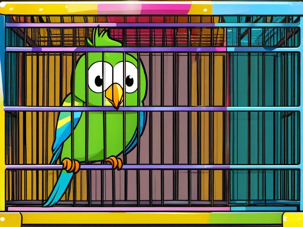 Parakeet Cartoon - Cartoon of parakeet in a colorful cage  