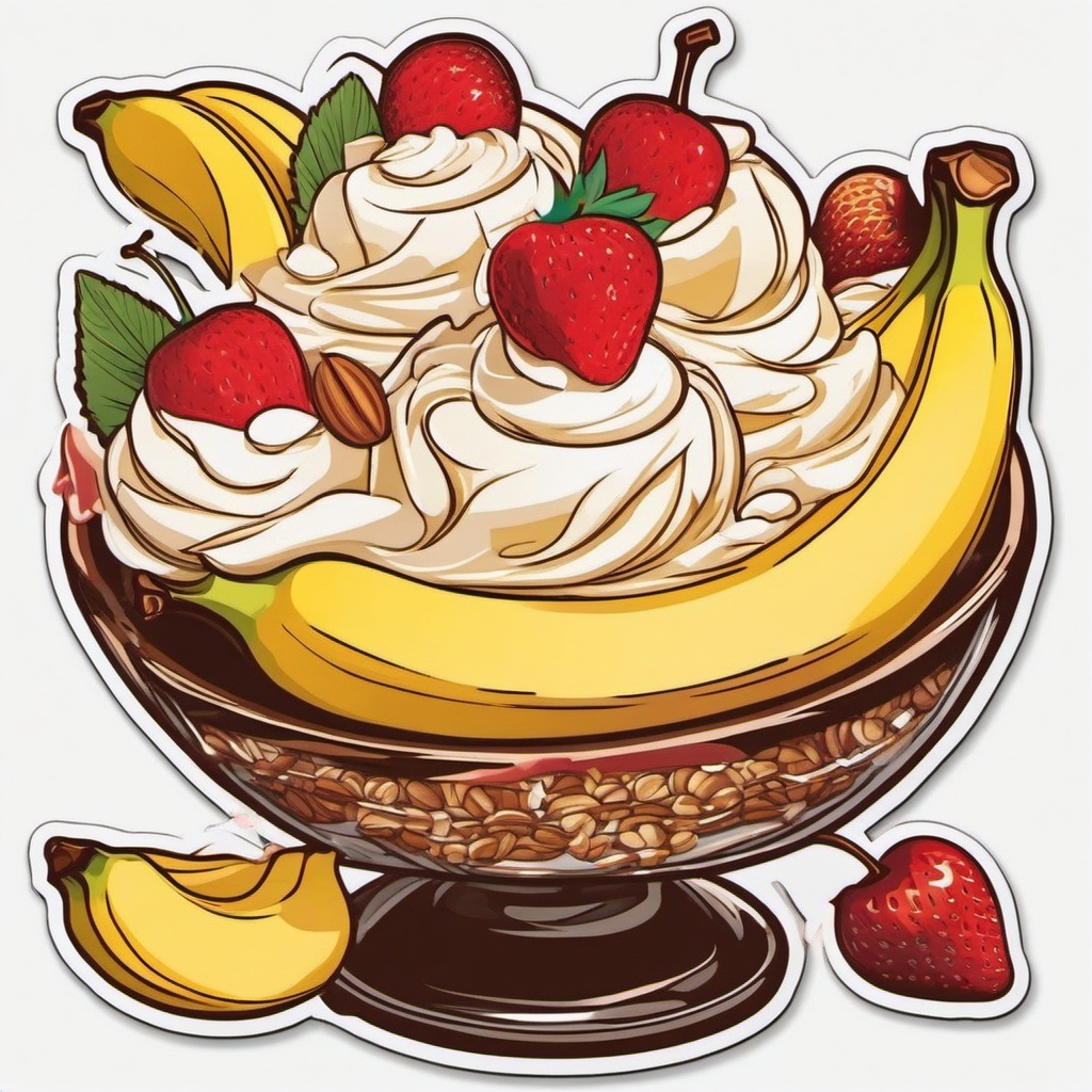 Banana Split Extravaganza sticker- A delightful arrangement of banana slices, vanilla, chocolate, and strawberry ice cream, topped with whipped cream, nuts, and a cherry. A fun and indulgent treat., , color sticker vector art