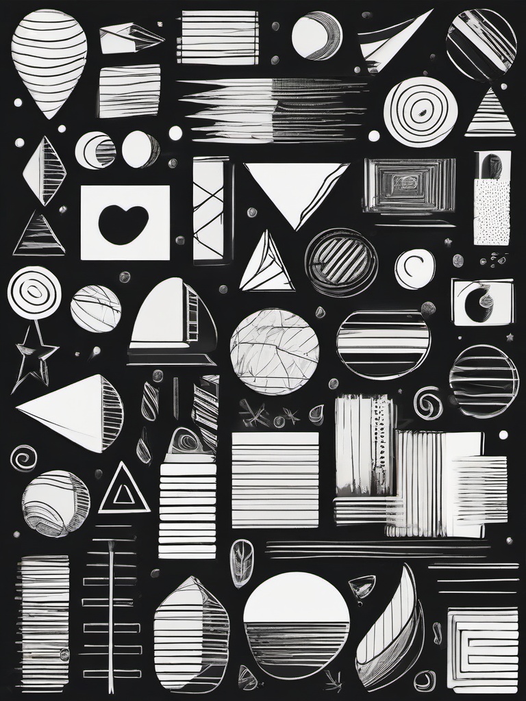 drawing of different shapes  minimal rough scribbles,doodles,black and white