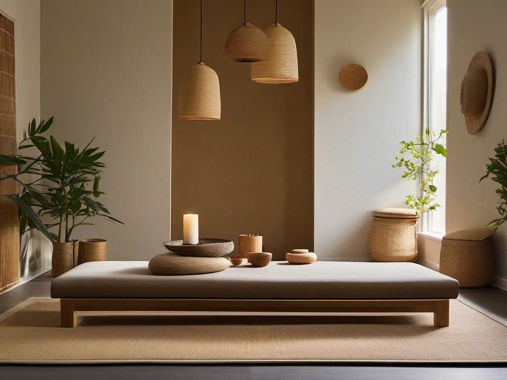 Zen-inspired meditation room featuring IKEA tatami mats, Crate & Barrel bamboo furniture, and HAY minimal pendant lighting.  