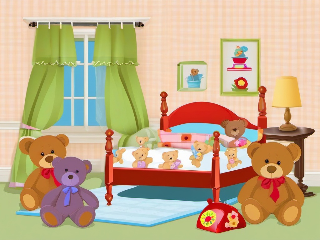 Bed clipart - bed with teddy bears and toys  