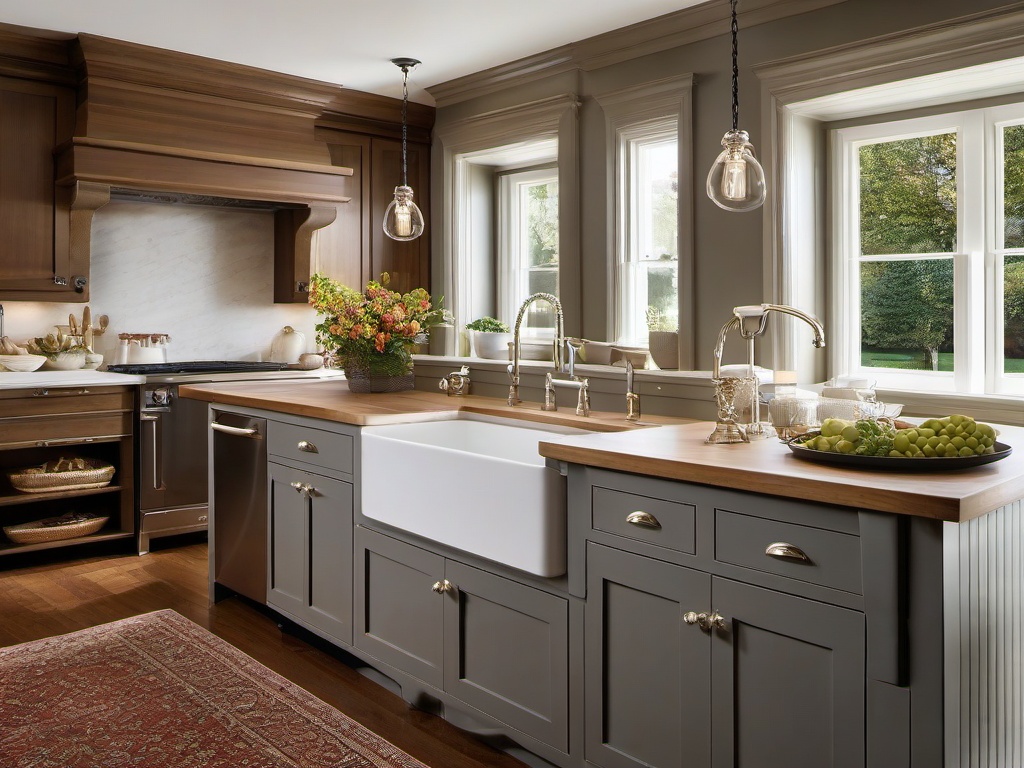 In the kitchen, traditional interior design includes classic cabinetry, a farmhouse sink, and timeless fixtures that enhance the space with charm and functionality.  