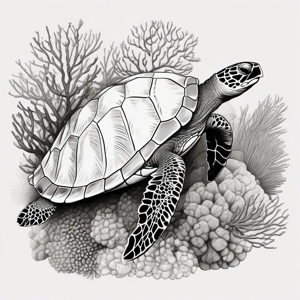 drawing of a sea turtle and coral  minimal rough sketch scribbles,doodles,black and white