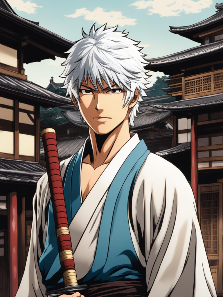 gintoki - wields a bamboo sword in a bustling, comical edo-era town. 