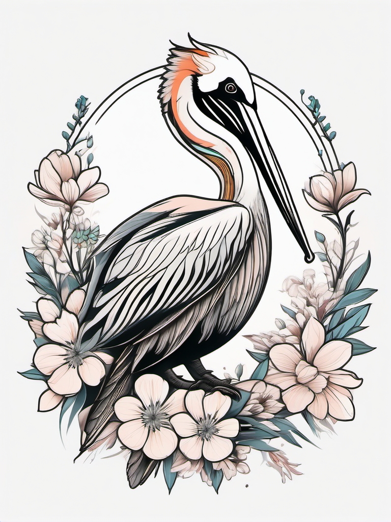 Pelican tattoo amidst blossoming flowers, symbolizing growth.  color tattoo style, minimalist design, white background