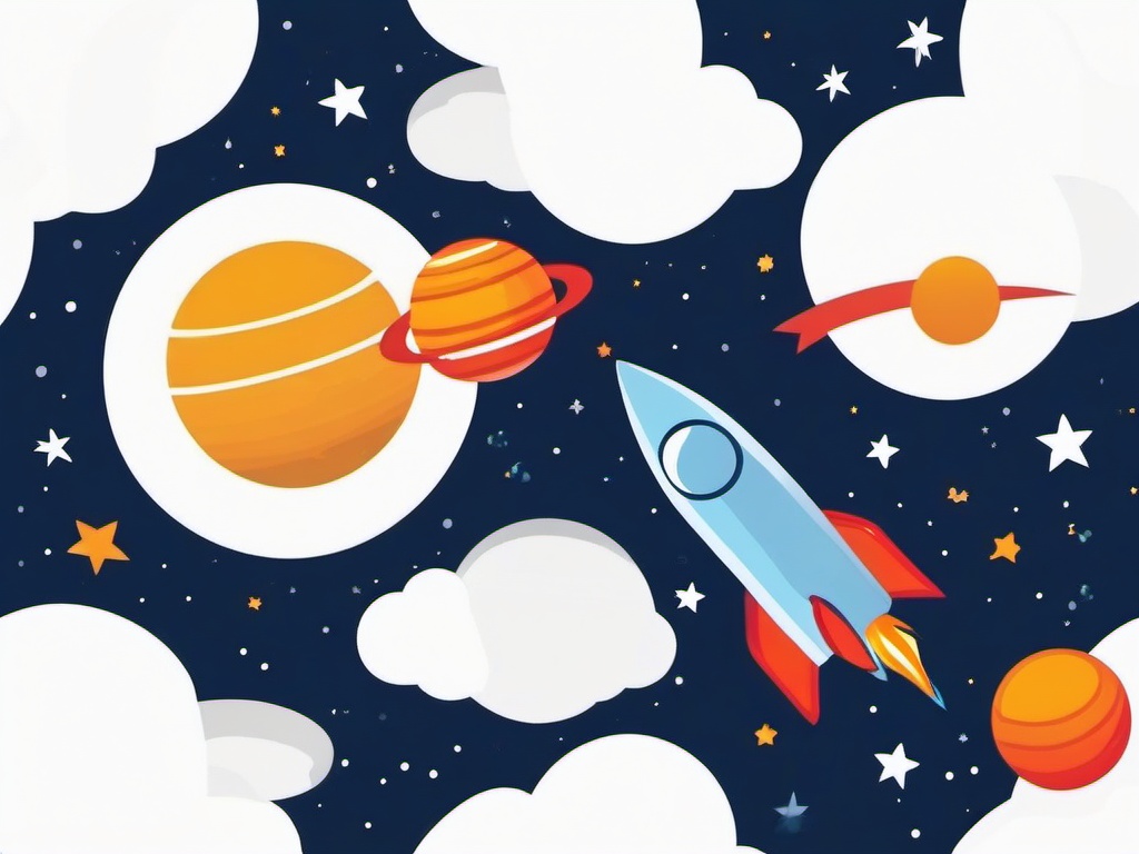 Rocket passing by planets clipart.  vector style illustration, white background