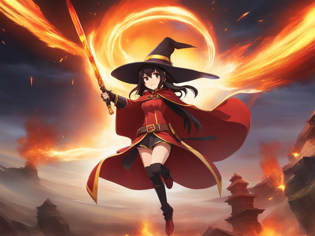 megumin unleashes explosive magic, obliterating foes in a fiery volcanic arena. 