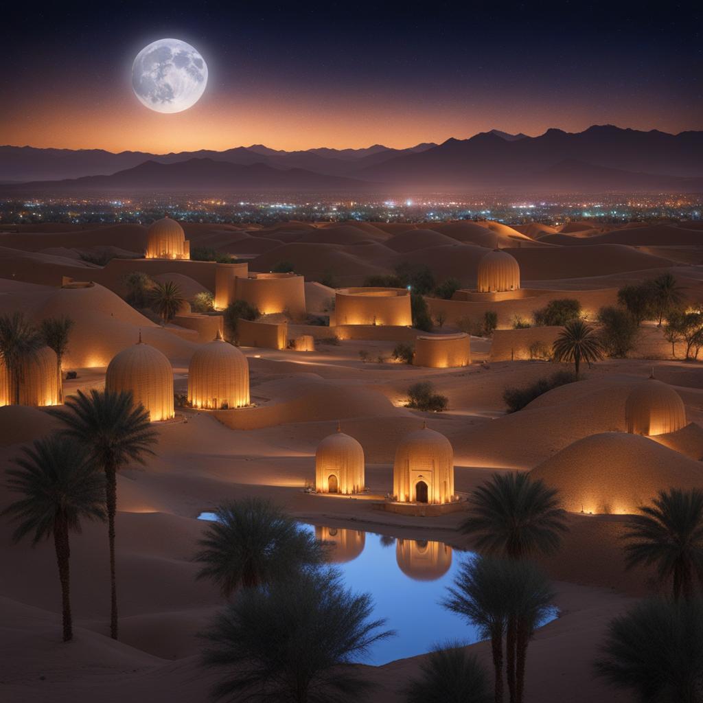 turpan - illustrate the captivating night scene of turpan, an oasis city in the desert, with its ancient silk road ruins glowing under the starry sky. 