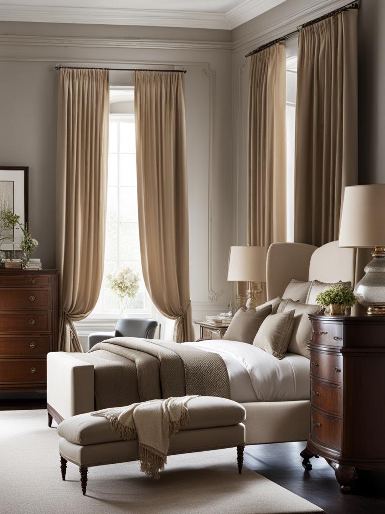 traditional bedroom with elegant drapes and classic wooden furniture. 