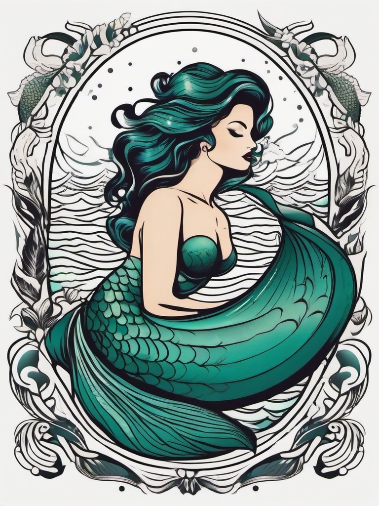 Mermaid Tattoo Traditional - Embrace the classic style with a traditional mermaid-themed tattoo.  simple vector color tattoo,minimal,white background