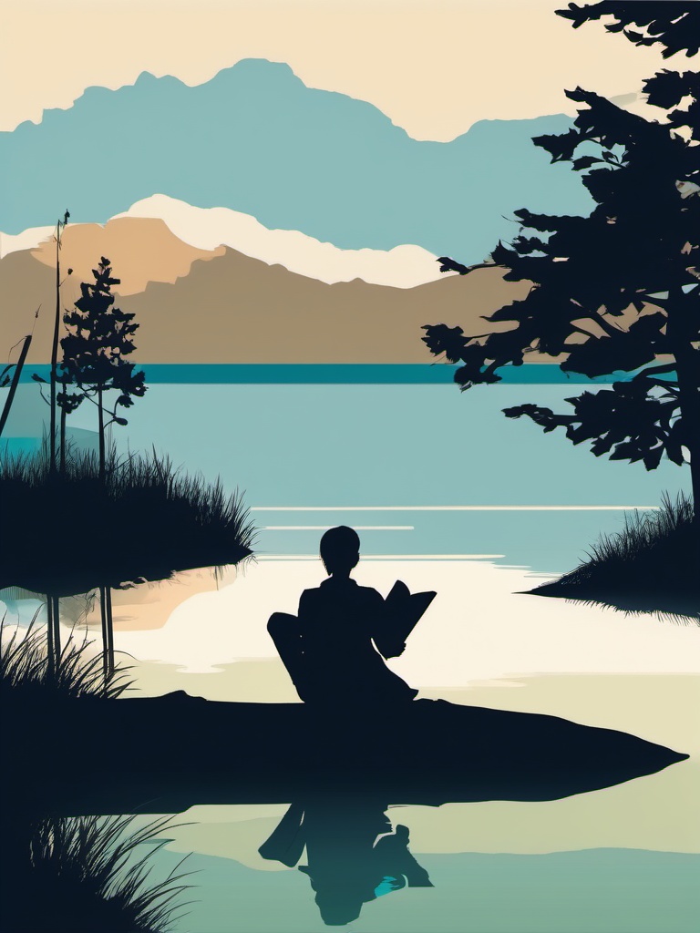 Reading by the Lake clipart - A person peacefully reading a book by the lake., ,vector color clipart,minimal