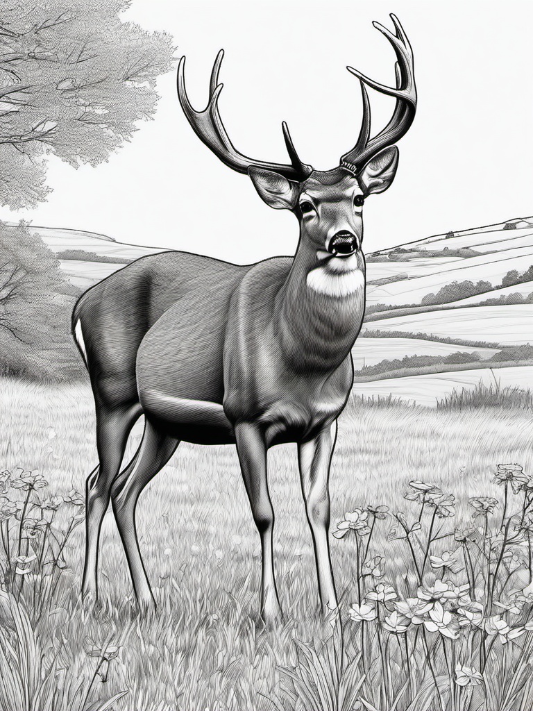 Deer Coloring Pages - Deer walking through a field of wildflowers  simple coloring pages