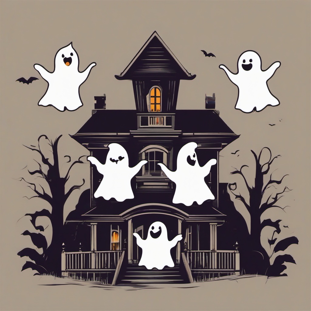 October clipart - friendly ghosts flying around a haunted house  color,minimalist,vector clipart