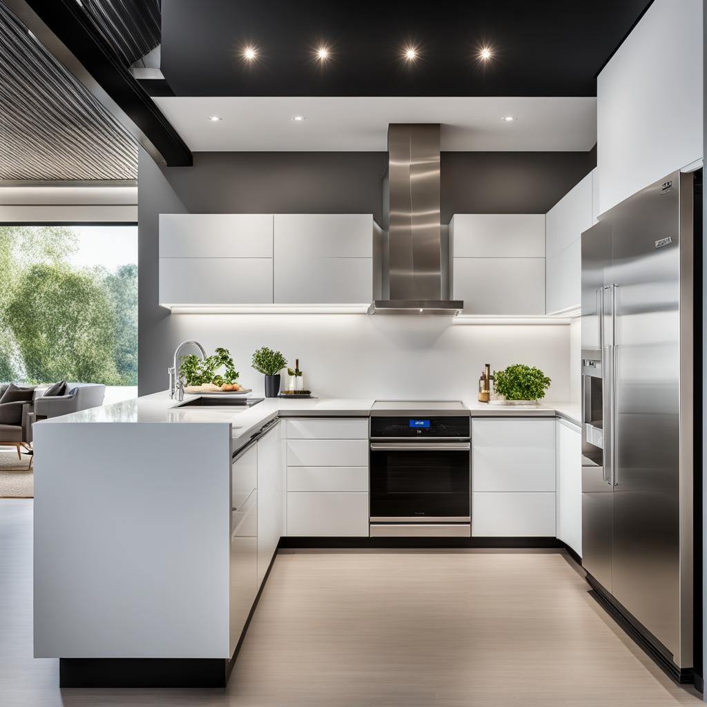 modern kitchen with sleek white cabinets and stainless steel appliances. 