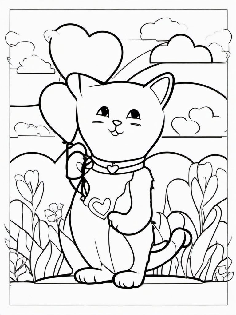 Kitty with Heart-Shaped Balloon Coloring Pages - Kitten Holding a Heart Balloon  minimal black outline printable sheet, coloring page