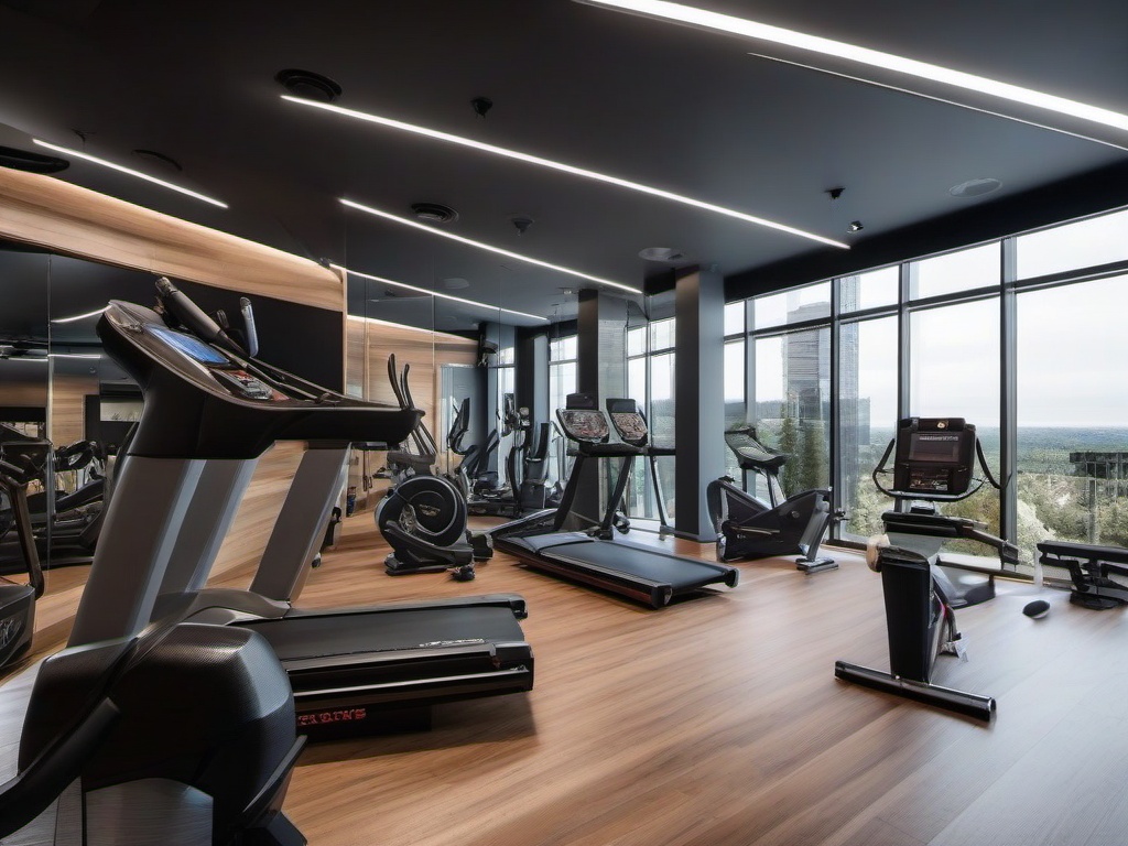 In the gym room, High Tech interior design includes modern equipment, sleek lines, and advanced technology that enhance motivation during workouts while creating a high-tech atmosphere.  