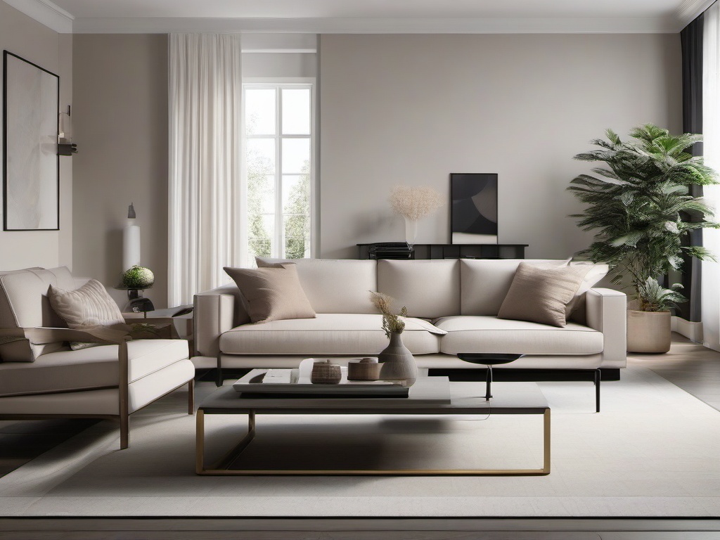 Modern minimalist living room with sleek furniture and neutral tones.  