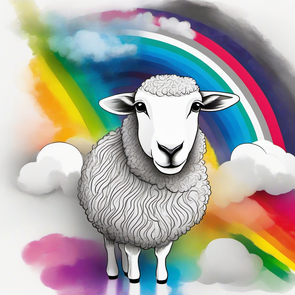 drawing of a sheep with a rainbow  minimal rough sketch scribbles,doodles,black and white