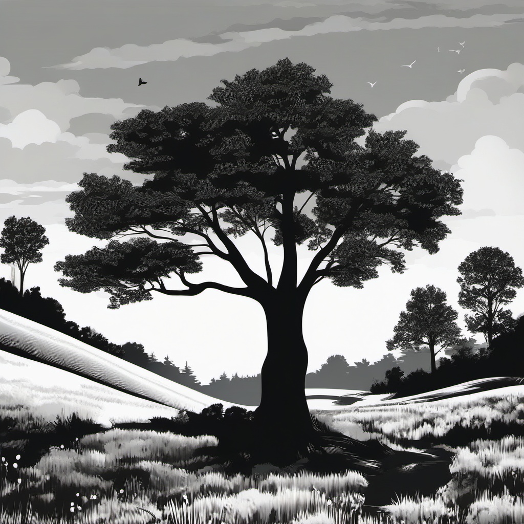 Tree Black White Clipart,Illustrating a serene forest scene with tree black white clipart  simple, 2d flat