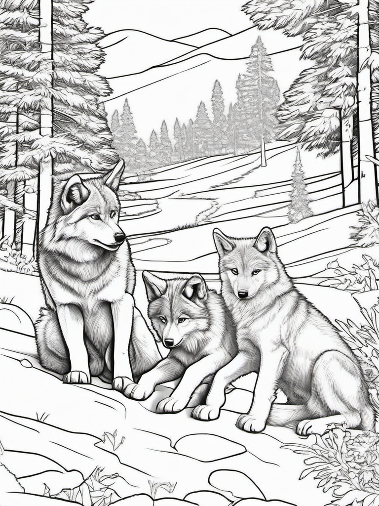 Wolf Coloring Pages - Wolf cub playing with its siblings  simple coloring pages