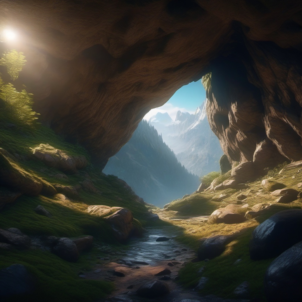 Hidden cave in the mountains conceals an entrance to an underground world inhabited by mythical creatures.  8k, hyper realistic, cinematic