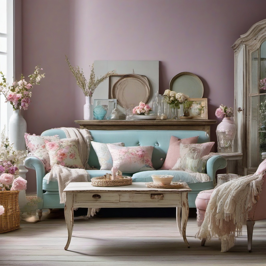 Shabby Chic Delight - Embrace the shabby chic style with distressed furniture and pastels. , living room decor ideas, multicoloured, photo realistic, hyper detail, high resolution,