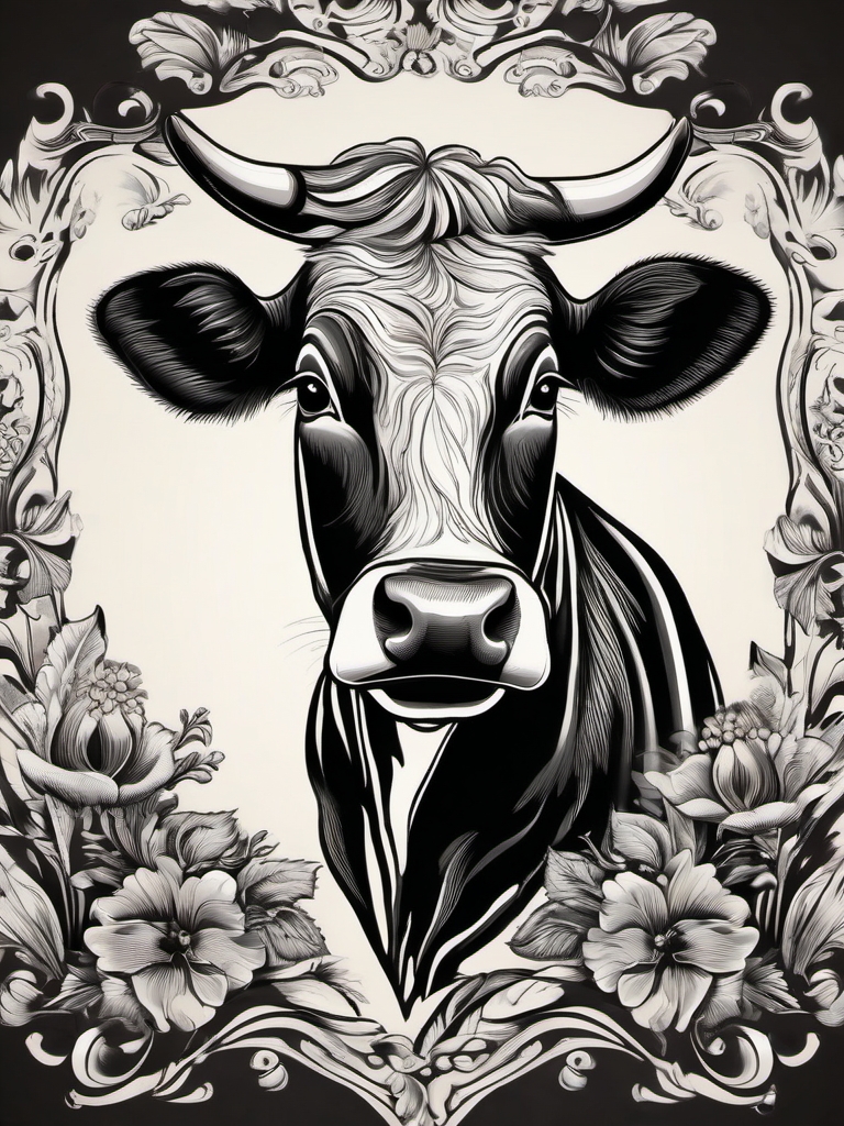 Vintage-style dairy cow design: Nostalgic charm, a tribute to the past.  black and white tattoo style